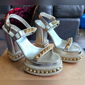 Christian Louboutin Superaclou 130 Gold Studded Metallic Silver Platform Sandals